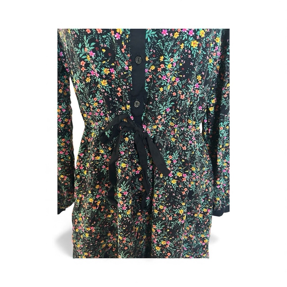 LOST+WANDER Black Floral Print Button Front Tie Waist‎ Long Sleeve Shirt Dress M - Picture 2 of 8